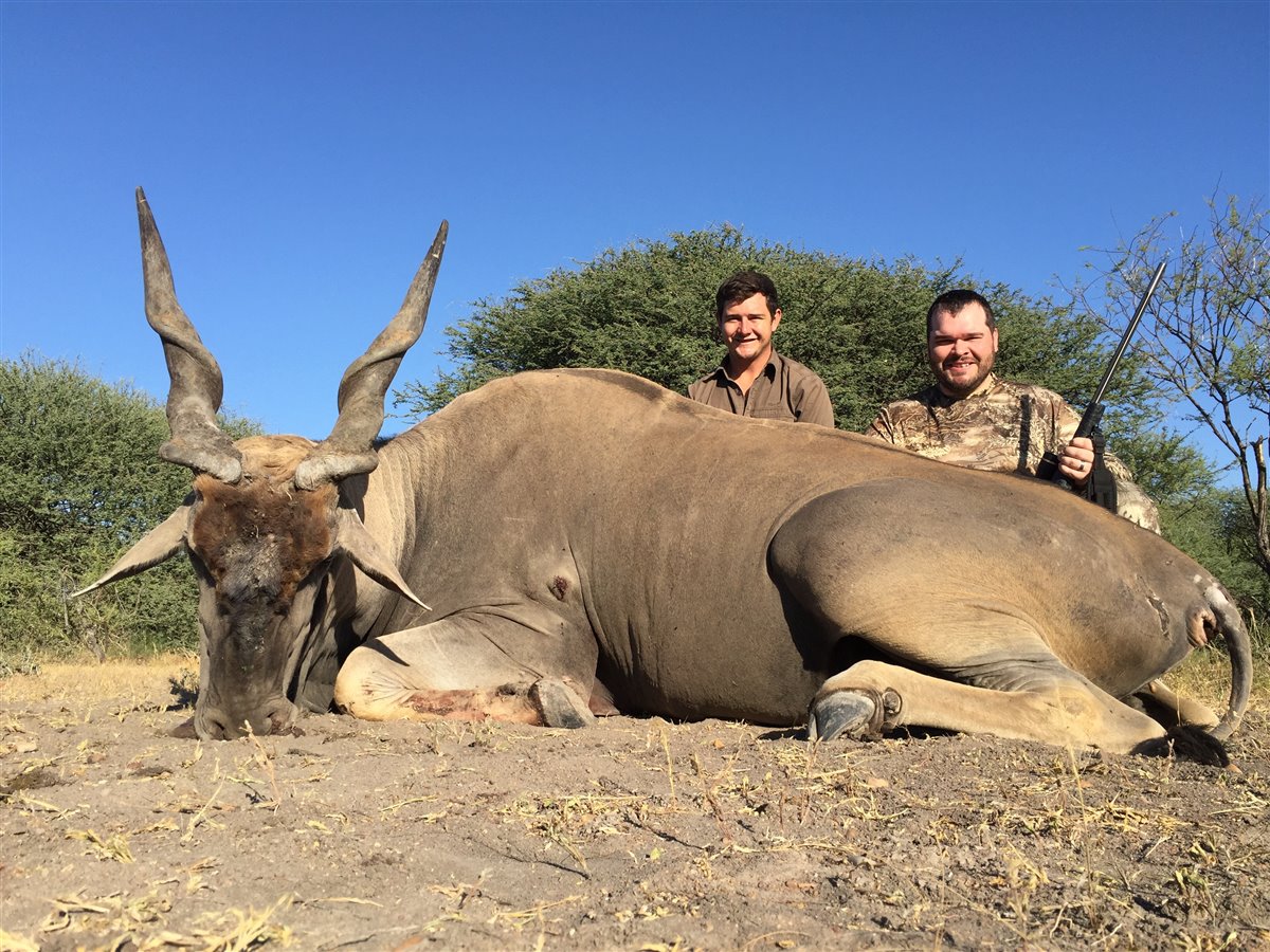 Hunter, professional hunter, and Eland bull at Tolile Lodge